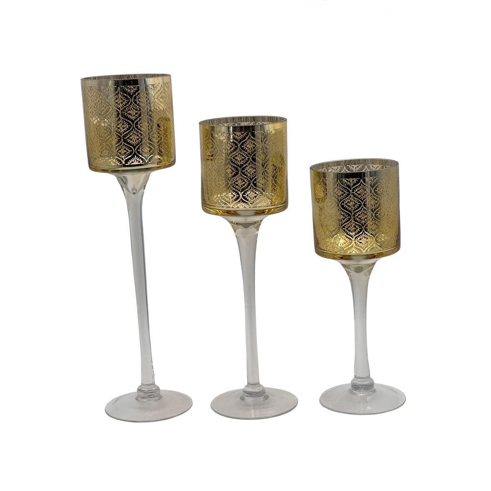 Jogo 3 Castiçais Para Natal Vidro Gold 20/30/35Cm