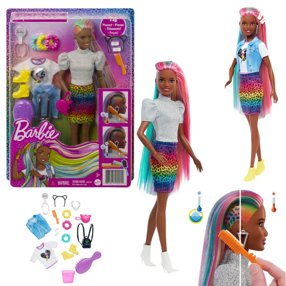 Boneca Barbie Negra Cabelo Arco Íris Leopardo Animal Print