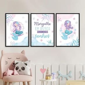 Kit 3 Quadros Menina - Sereias Sonhos 24X18Cm