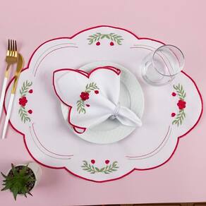 Kit 12 Jogos Americanos Guardanapos De Mesa Redondo Bordado Floral Peônia - Branco