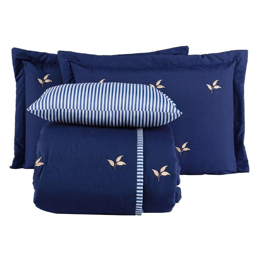 Cobre Leito Queen Torino Bordado 200 Fios 5 Peças - Marinho