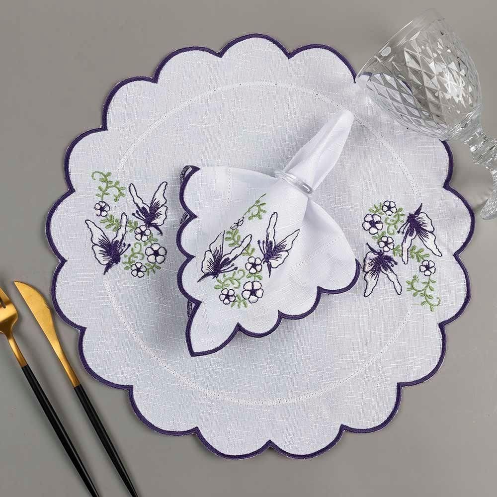 Kit 12 Jogos Americanos Guardanapos De Mesa Redondo Bordado Borboleta - Branco
