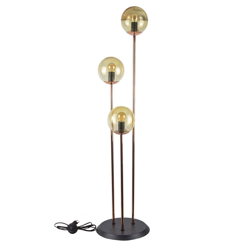 Abajur Coluna Newton 3 Globos de Vidro Âmbar - Cobre