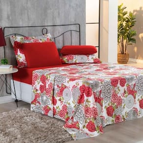 Jogo De Cama Malha Lençol 100% Algodão Primavera 4 Peças Casal - Floral Vermelho