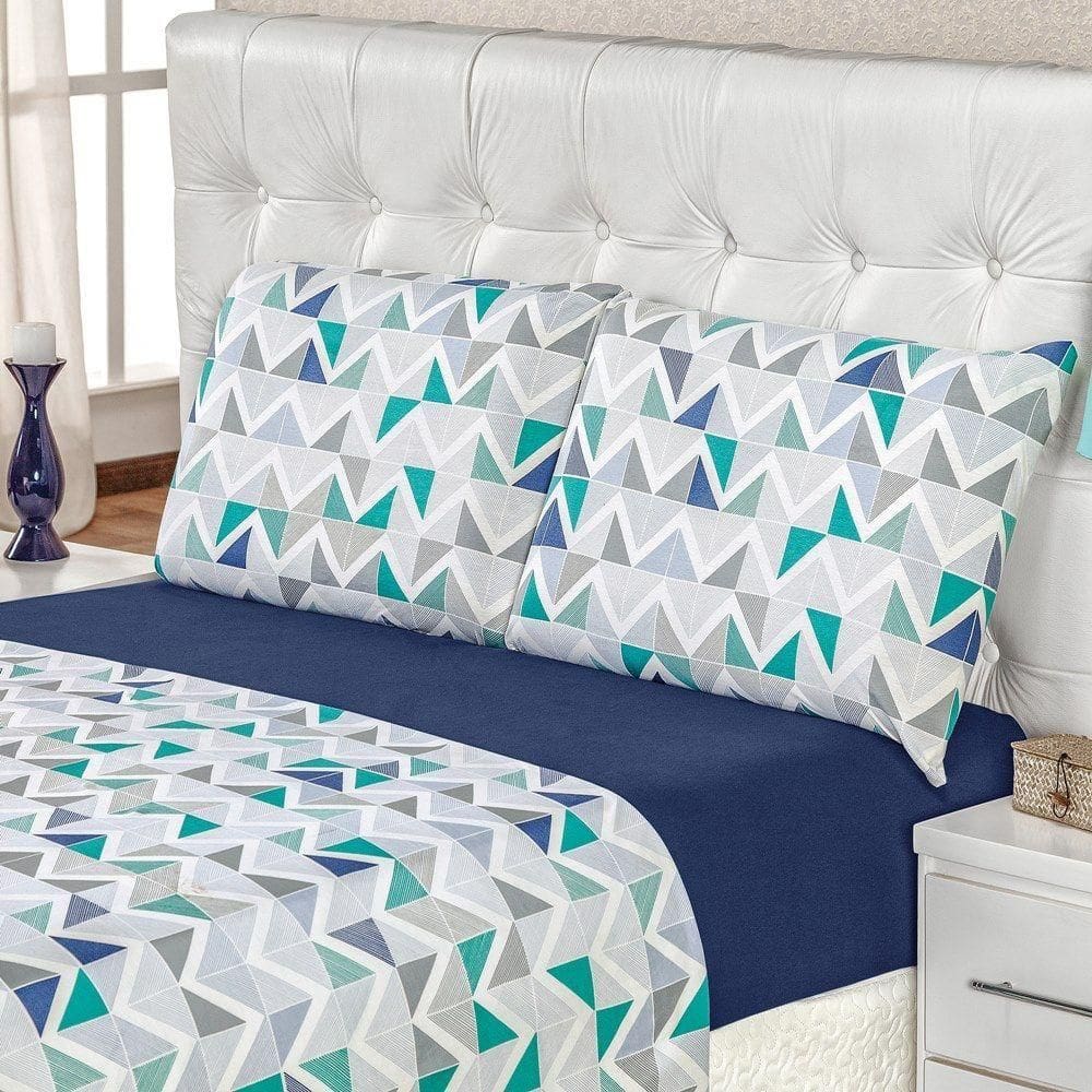 Jogo De Cama Malha Queen Quality 04 Peças - Geométrico Azul