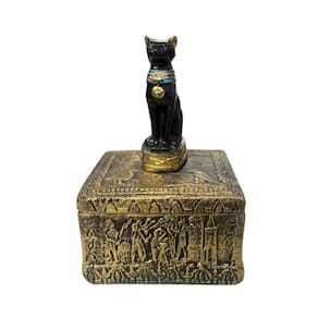 Porta Joia Quadrado Bastet Dourado 12,5 Cm Em Resina
