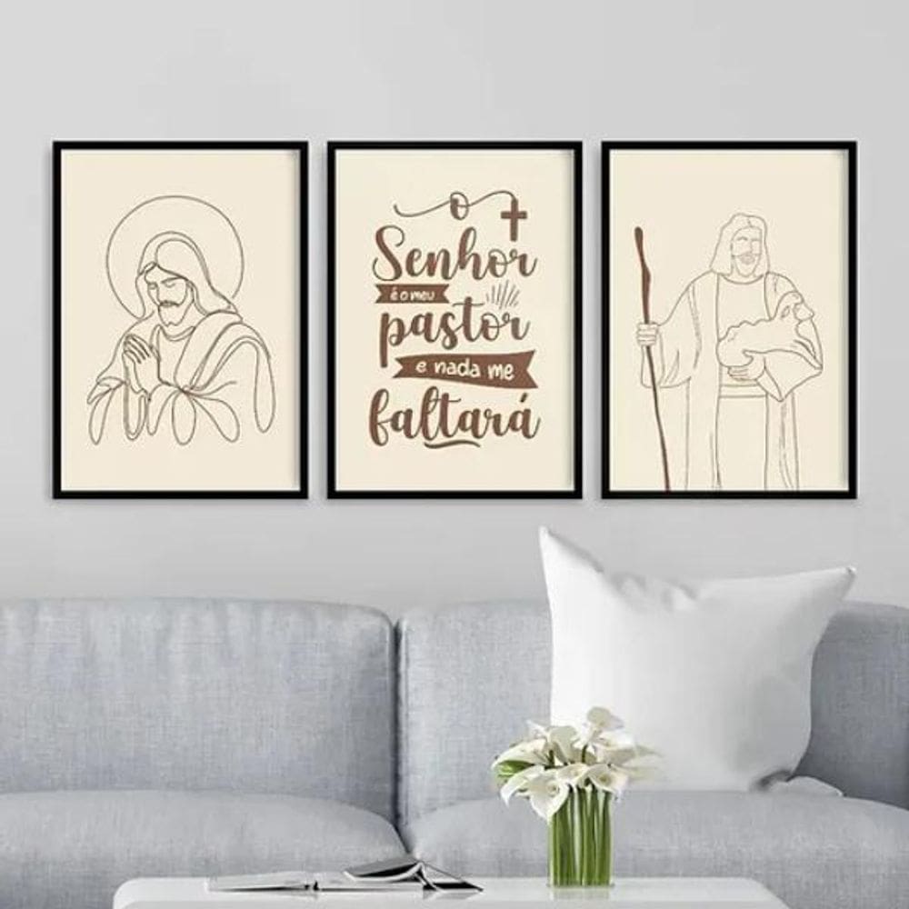 Kit 3 Quadros Jesus - O Senhor É Meu Pastor 45X34Cm
