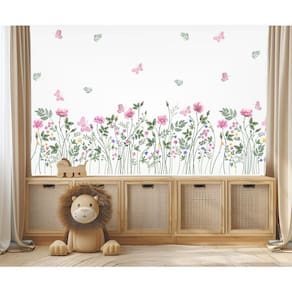Adesivo De Parede Floral Folhagens Boho E Borboletas Jardim