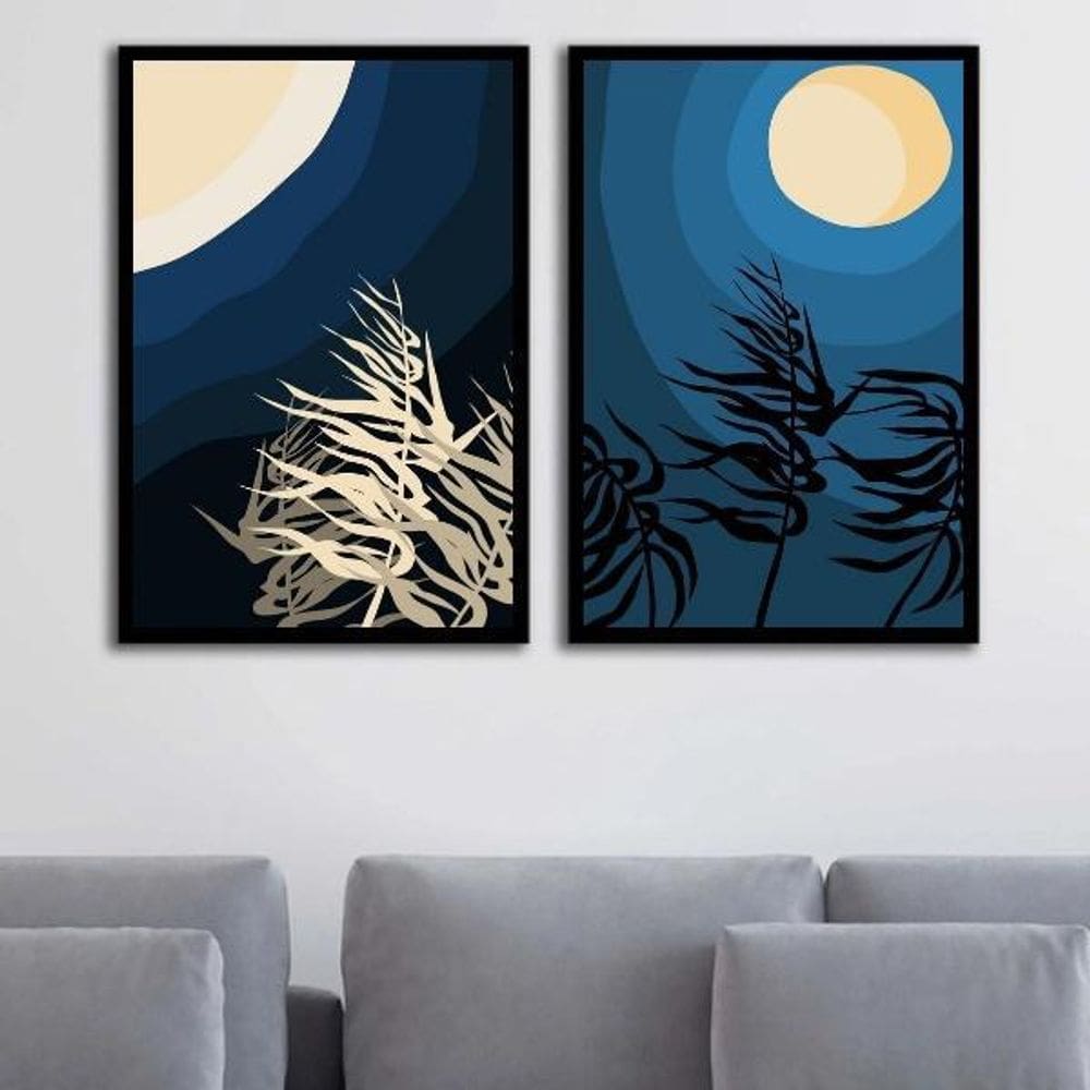 Kit 2 Quadros Arte Boho Degradê Azul E Bege 45X34Cm