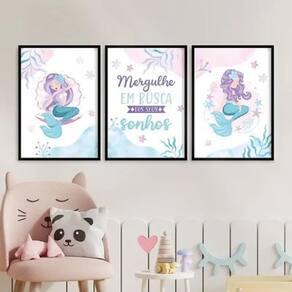 Kit 3 Quadros Menina - Sereias Sonhos 45X34Cm - Com Vidro