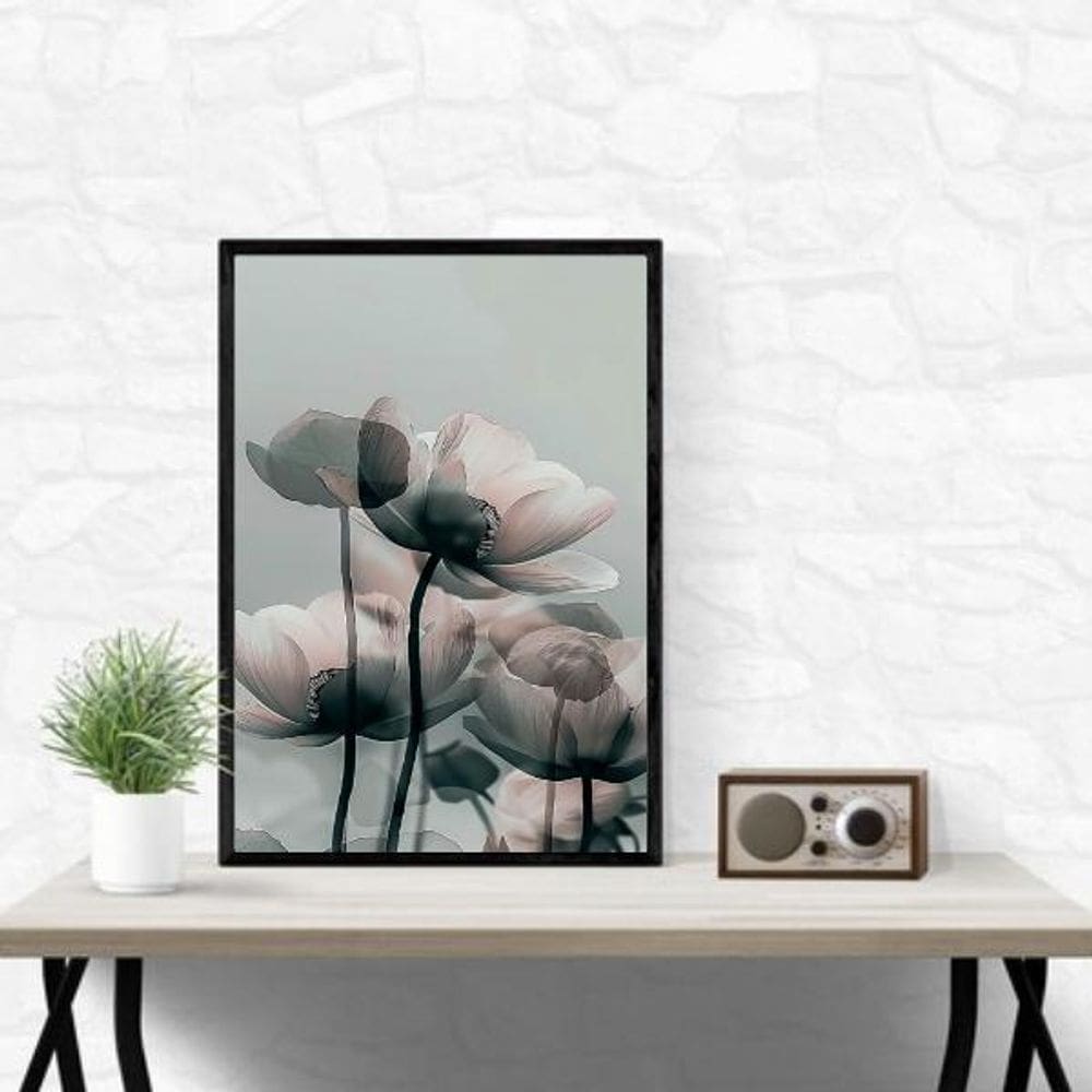 Quadro Moderno Flores Cinza 45X34Cm - Com Vidro