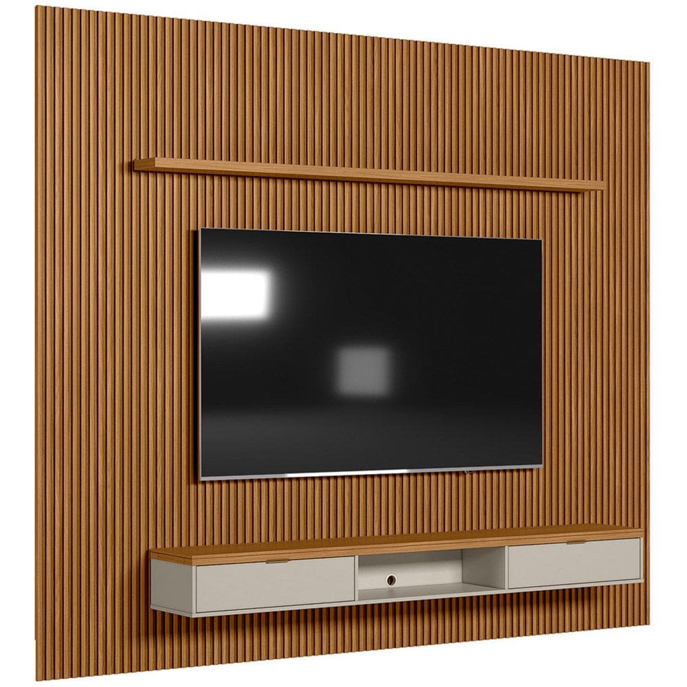 Painel Ripado Para TV 75 Pol Slats e Bancada Lisa 297x250cm L05 Nature Off White - Lyam Decor