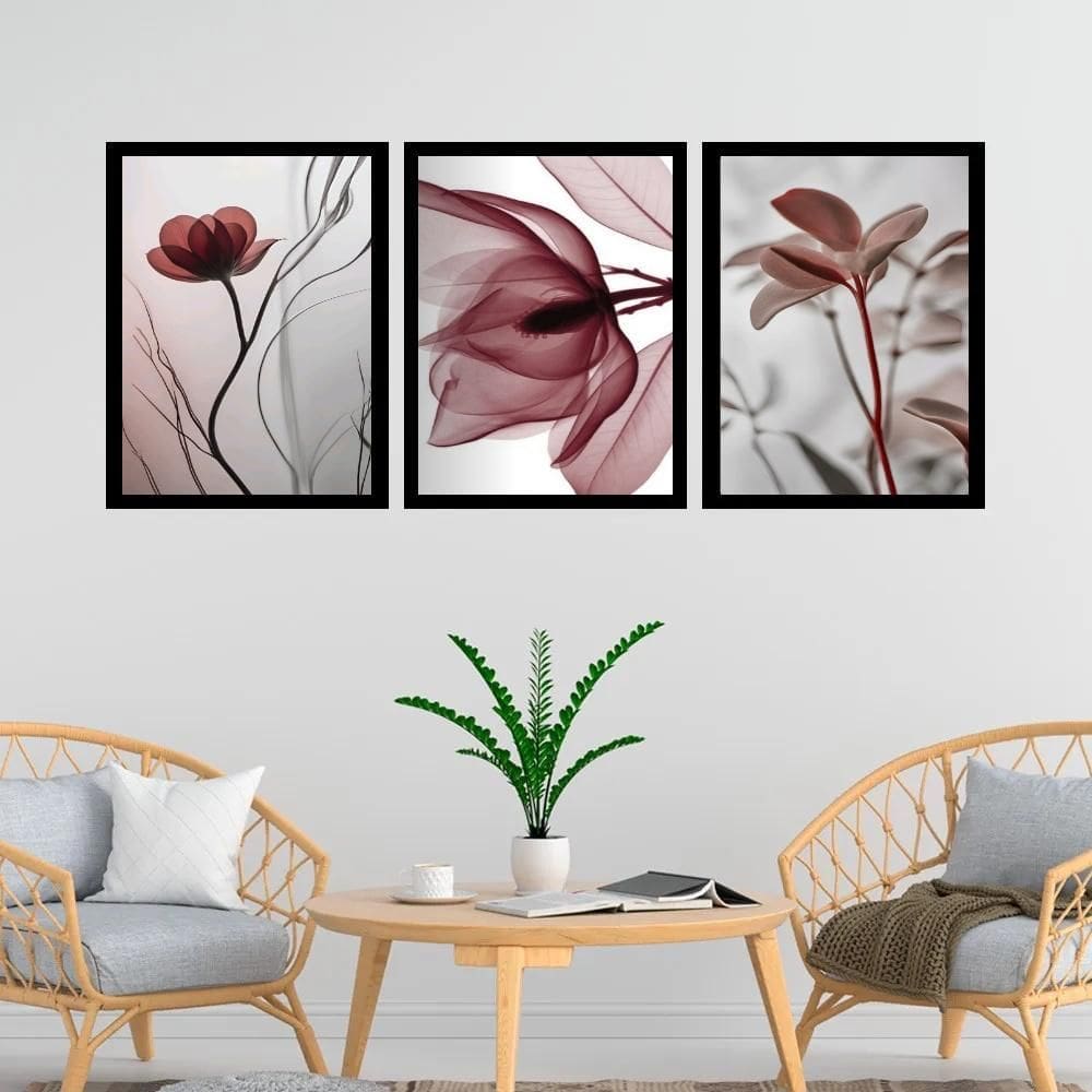 Kit 3 Quadros Modernas Flores Nuances Bordô 33X24Cm - Vidro