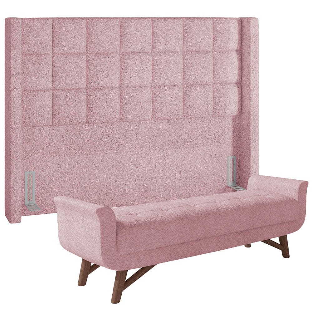 Kit Cabeceira Cama Box Paris 140 cm com Puff Recamier Itália P05 Bouclê Rosê - Lyam Decor