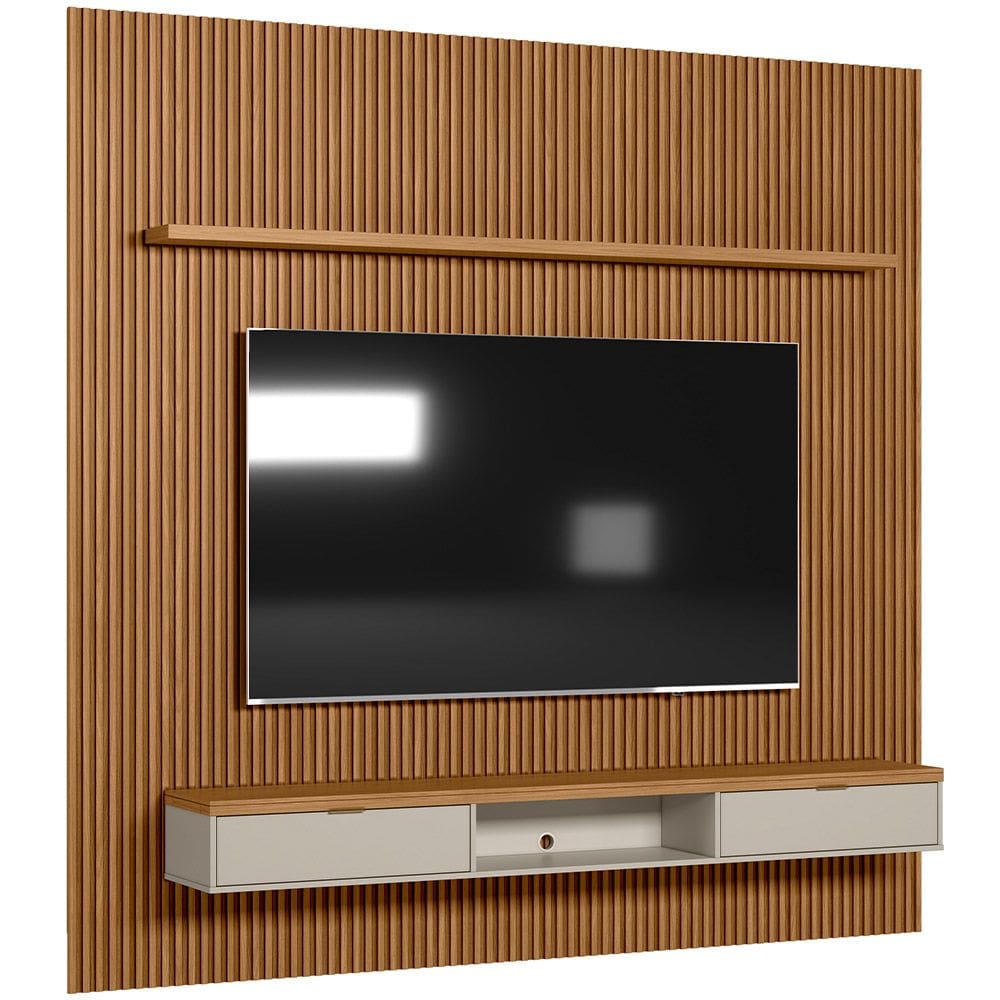 Painel Ripado Para TV 75 Pol Slats e Bancada Lisa 258x250cm L05 Nature Off White - Lyam Decor