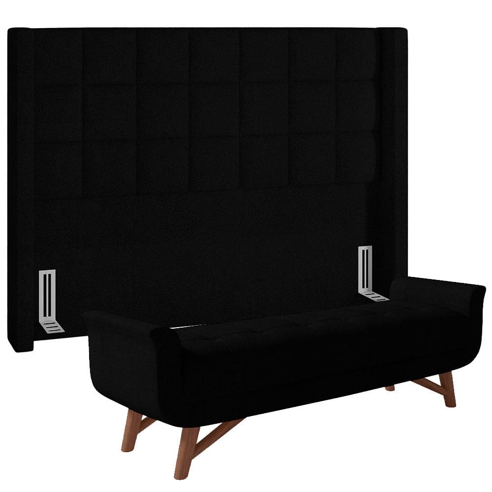 Kit Cabeceira Cama Box Paris 140 cm com Puff Recamier Itália P05 Bouclê Preto - Lyam Decor