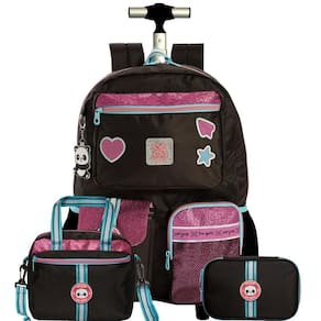 Kit Mochila Rodas 16 Utility Panda Glitter Lancheira Estojo