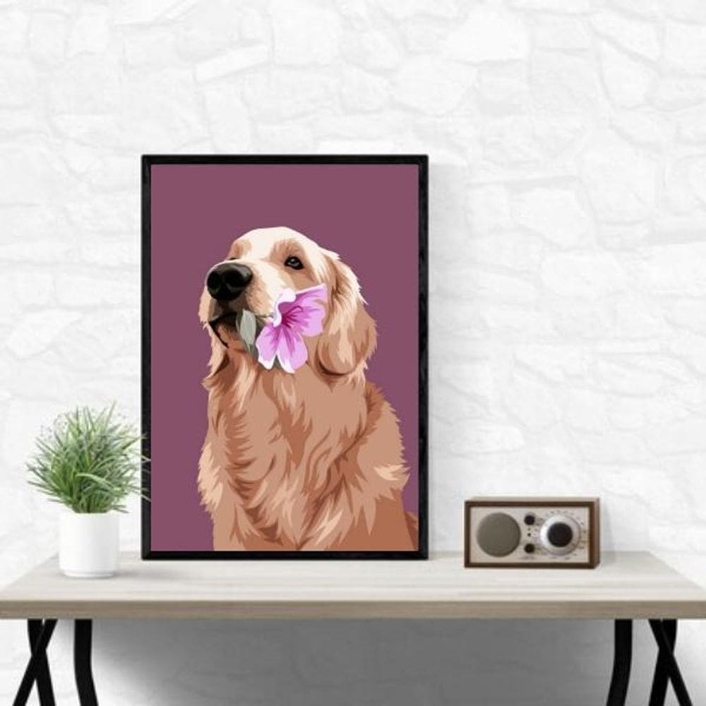Quadro Golden Retriever - Flor 24X18Cm - Com Vidro