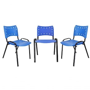 Kit 3 Cadeiras Iso para Escola Escritório Comércio Azul Base Preta