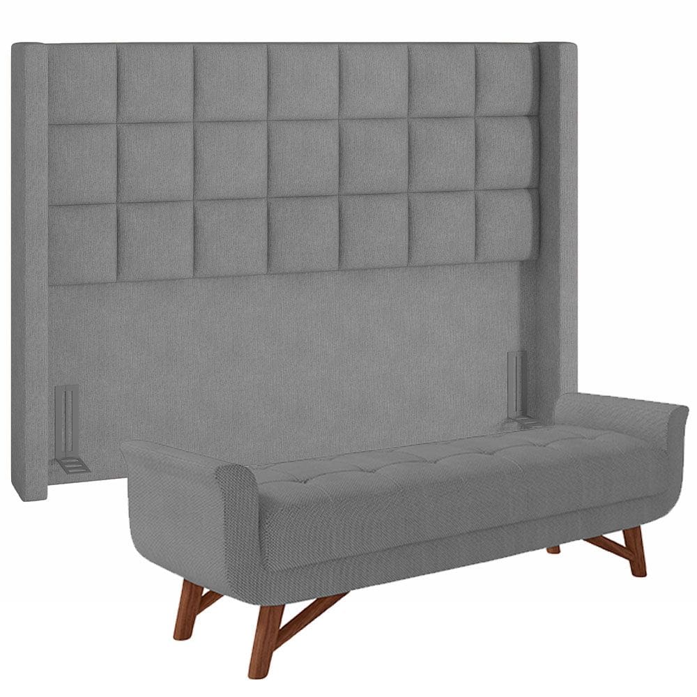 Kit Cabeceira Cama Box Casal 140 cm Paris com Puff Recamier Itália P05 Linho Cinza Escuro - Lyam Decor