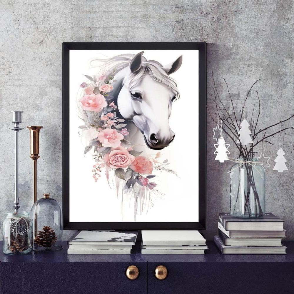 Quadro Cavalo Branco Com Flores 45X34Cm