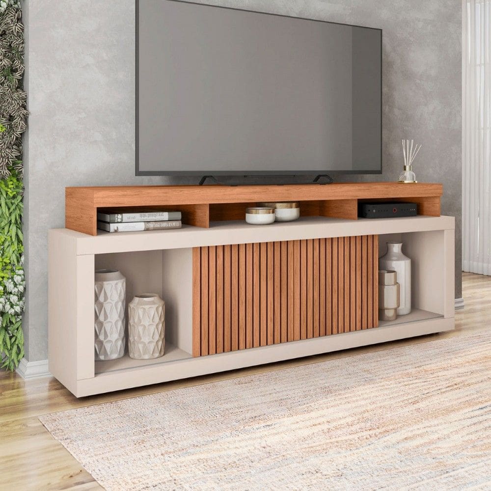 Rack para TV 75 Polegadas 2 Portas com Ripado Aegon Freijo/Off White - Caemmun