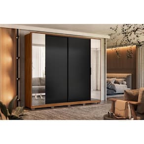 Guarda Roupa Solteiro 4 Portas de Correr e 4 Gavetas c/ 2 Espelhos e Pés Laredo Flex Nogueira/Nogueira ou Preto - Demóbile