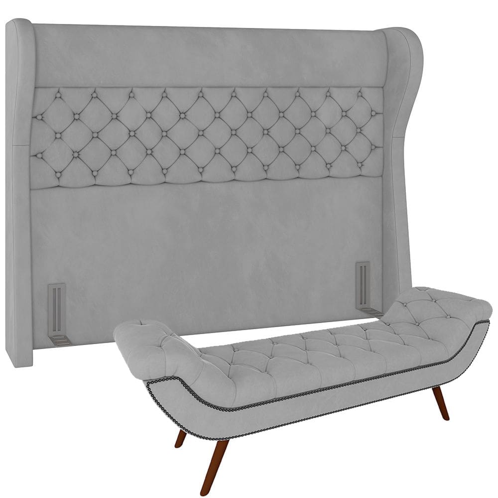 Kit Cabeceira Cama Box Casal 160 cm Madrid com Puff Recamier Santorini P05 Veludo Cinza - Lyam Decor