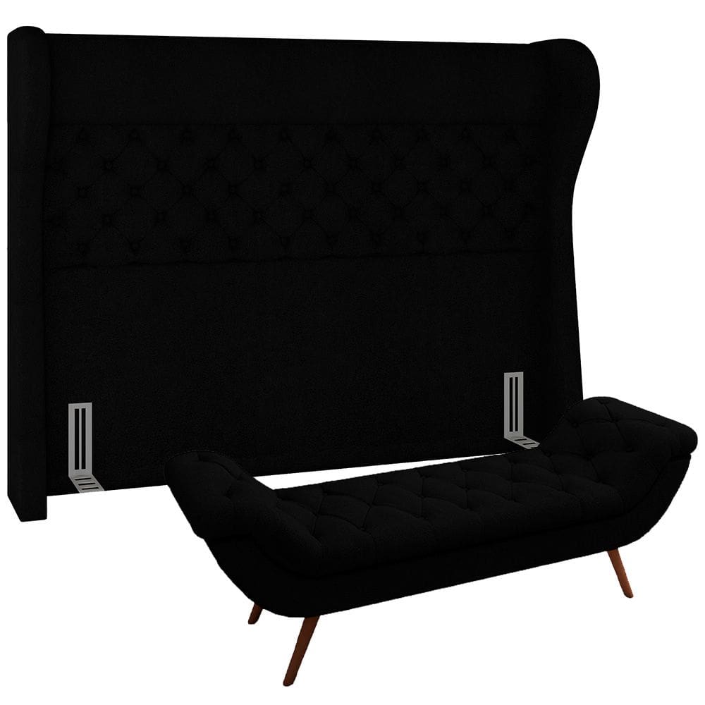 Kit Cabeceira Cama Box Casal 140 cm Madrid com Puff Recamier Santorini P05 Bouclê Preto - Lyam Decor