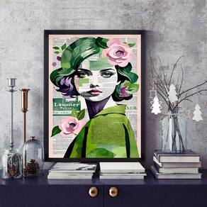 Quadro Arte Menina Mulher - Flores 33X24Cm - Com Vidro