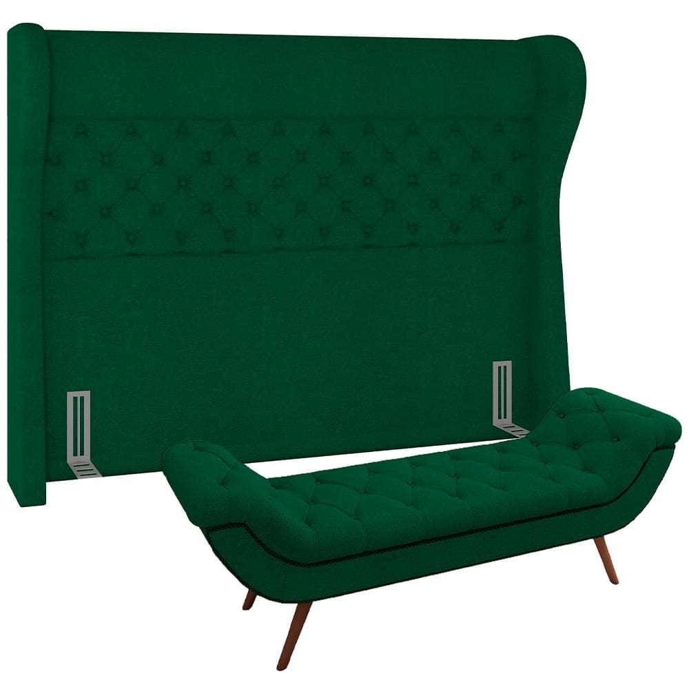 Kit Cabeceira Cama Box Casal 195 cm Madrid com Puff Recamier Santorini P05 Bouclê Verde - Lyam Decor