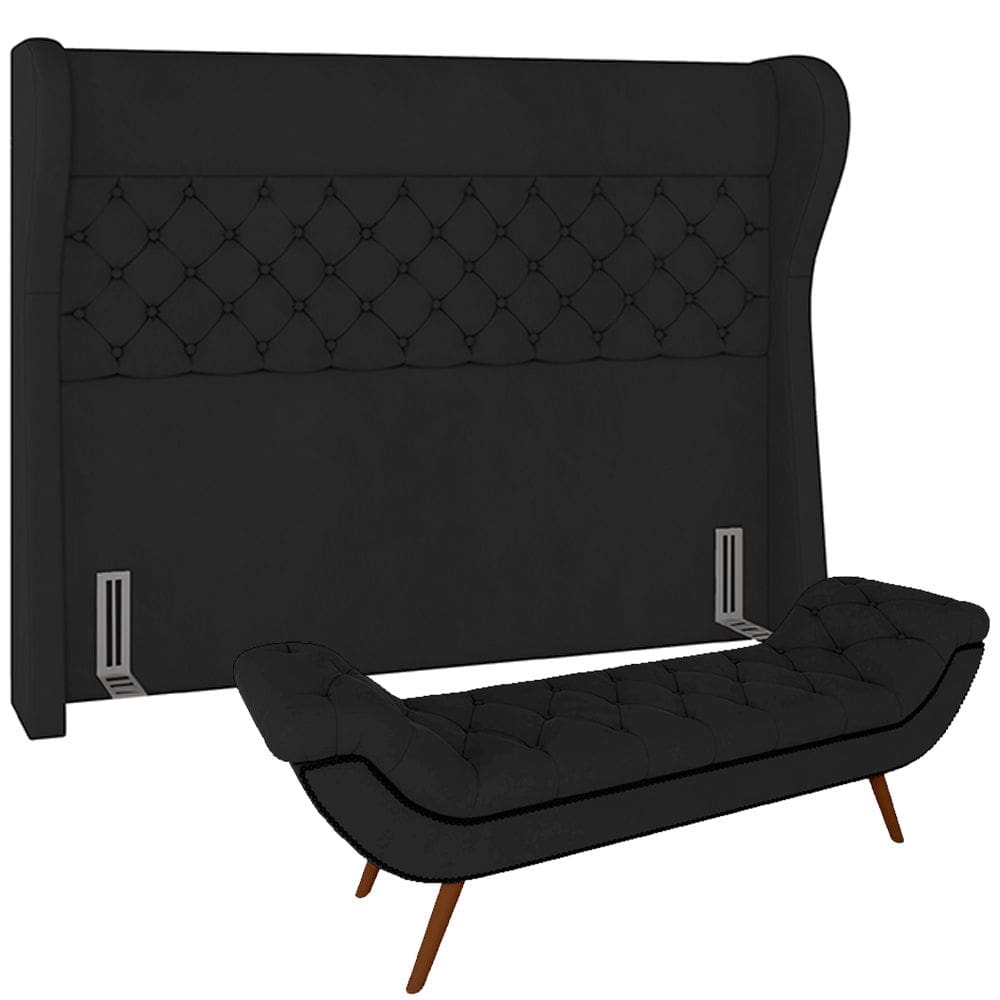 Kit Cabeceira Cama Box Casal 140 cm Madrid com Puff Recamier Santorini P05 Veludo Preto - Lyam Decor