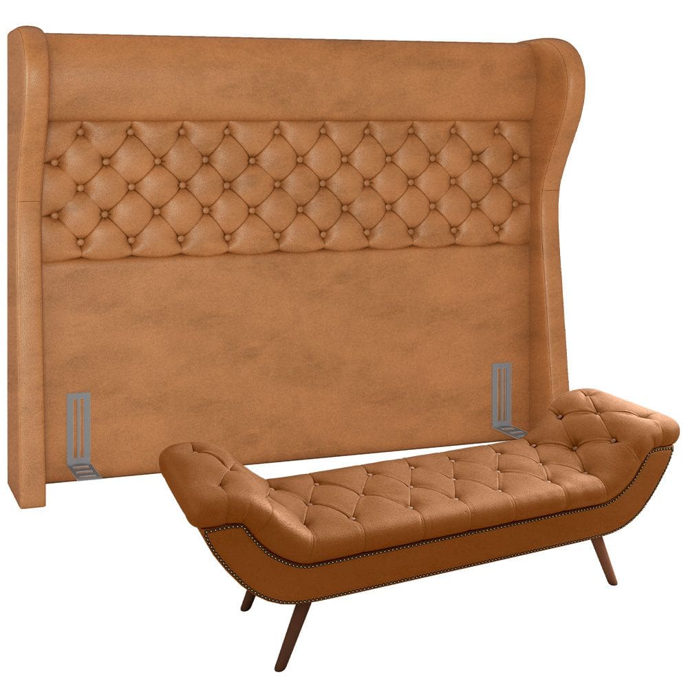 Kit Cabeceira Cama Box Casal 140 cm Madrid com Puff Recamier Santorini P05 Couríssimo Whisky - Lyam Decor
