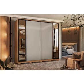 Guarda Roupa Solteiro 4 Portas de Correr e 4 Gavetas c/ 2 Vidros Reflecta e Pés Laredo Flex Amêndola/Amêndola ou Nude - Demóbile