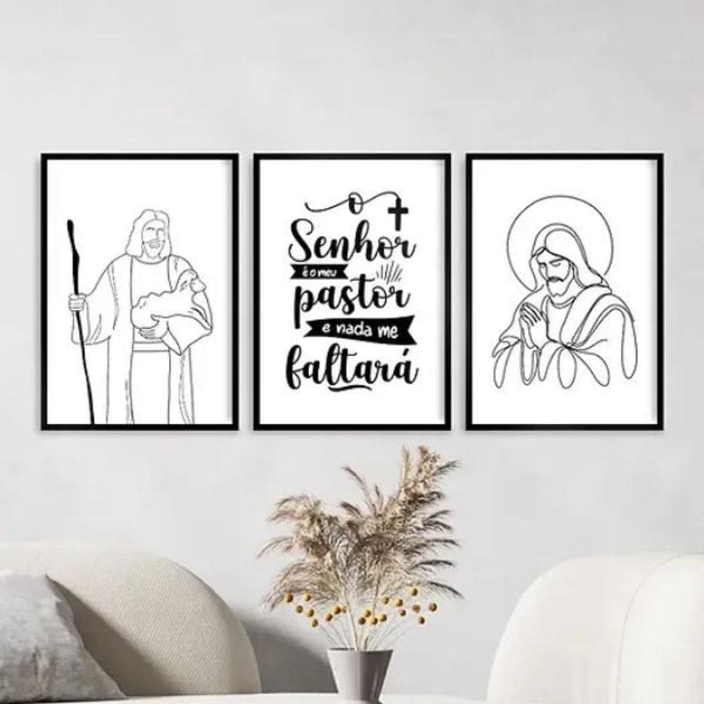 Kit 3 Quadros Jesus Minimalista - Meu Pastor 24X18Cm - Vidro