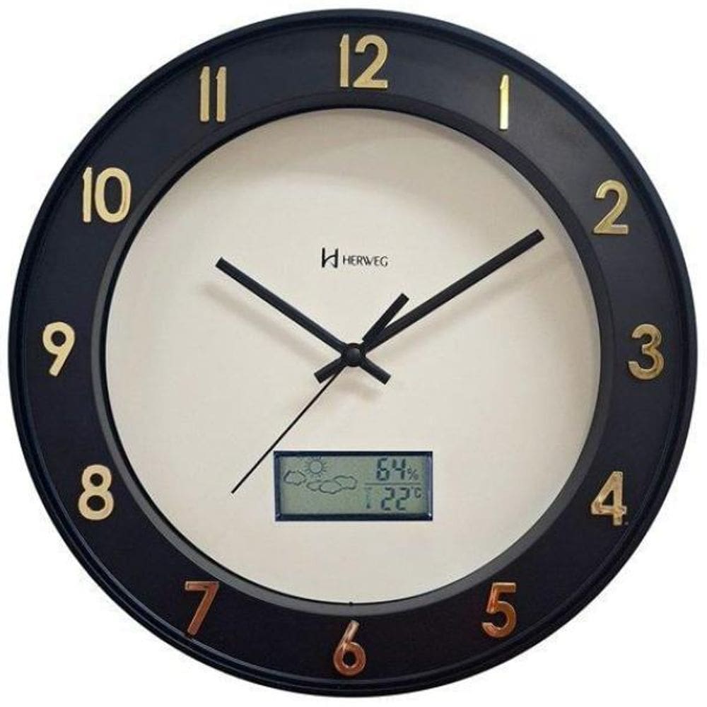 Relógio De Parede Termômetro E Calendário Preto Fosco Herweg