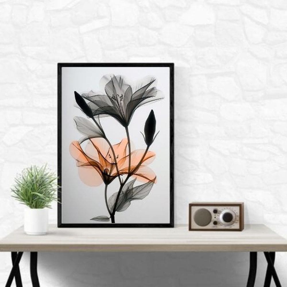 Quadro Moderno Flores Cinza E Laranja 45X34Cm - Com Vidro