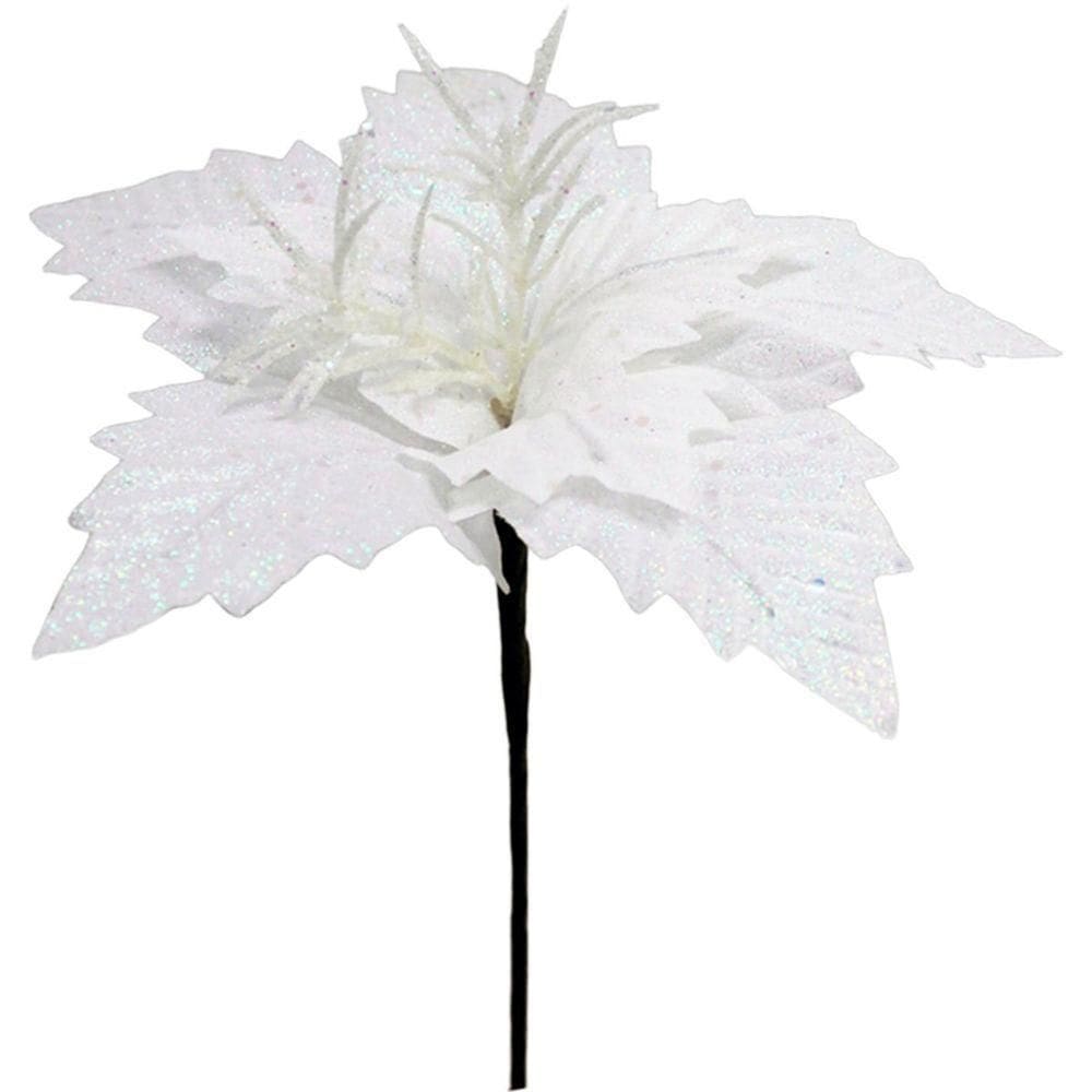 Kit 6 Flores Artificial Gliter Enfeite Branco Natalino 25cm