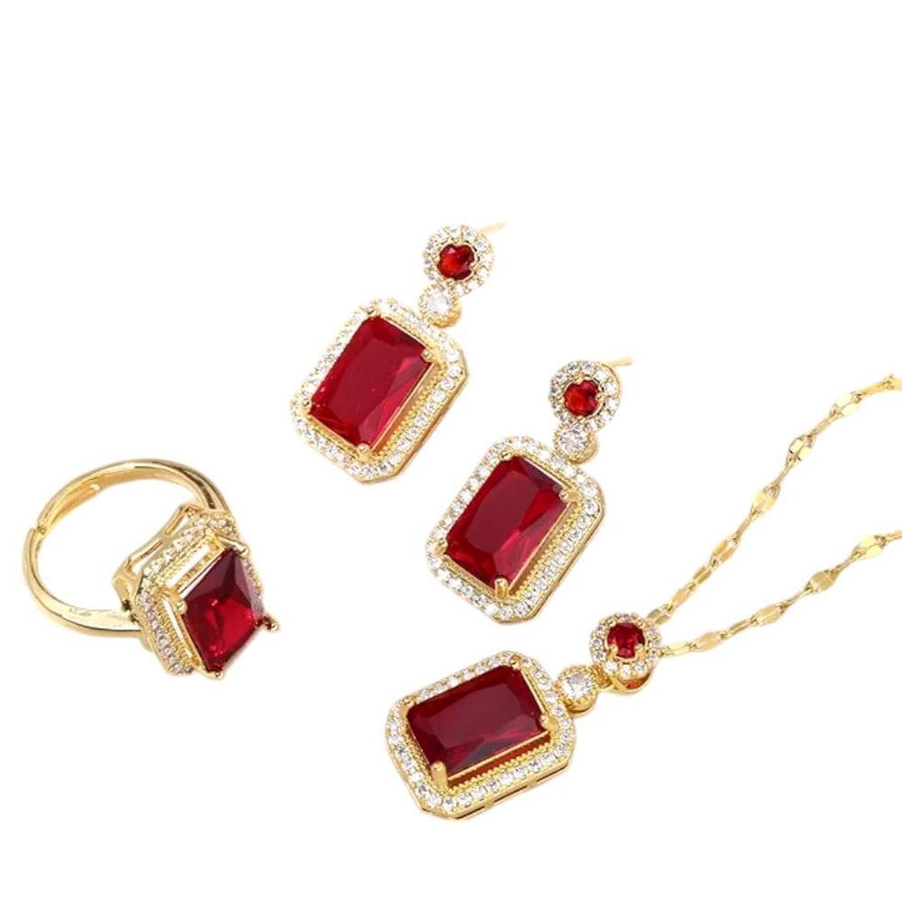 Kit Feminino Cordão + Brinco + Anel Vermelho Banhado A Ouro