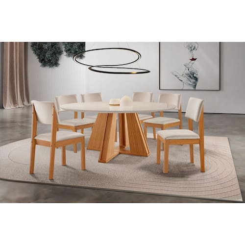 imagem-Sala de Jantar Completa Redonda com 6 Cadeiras 1,35m - Rubi Turim - LJ Móveis - Off White 