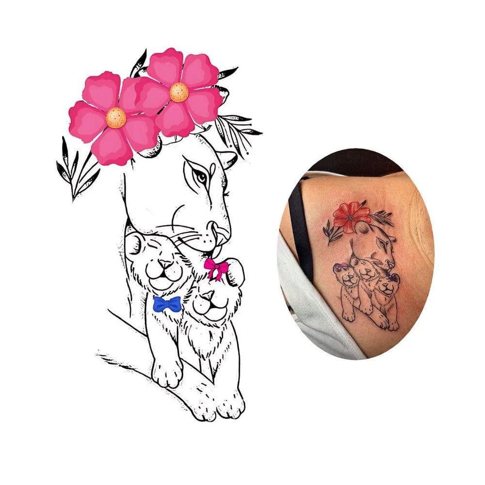 Tatuagem Temporária Leoa 2 Filhos Menino Menina Casal Modelo