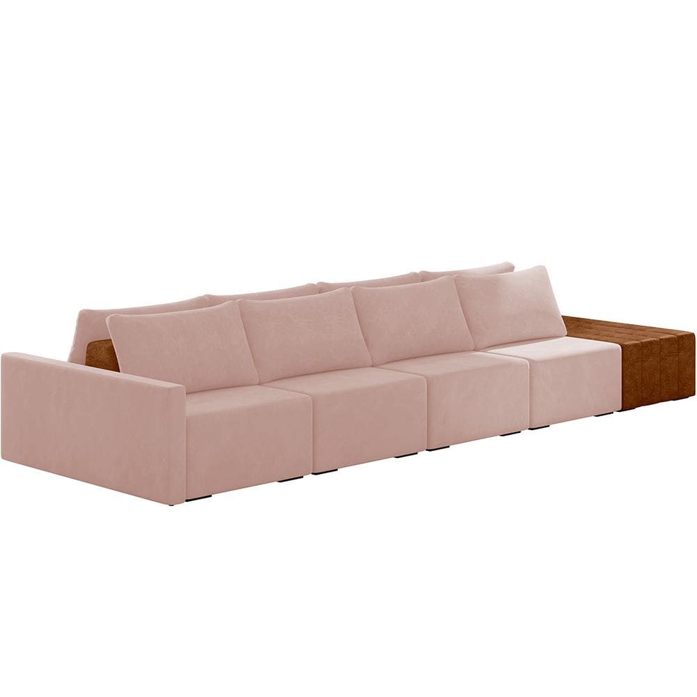 Sofá Ilha Modular Para Sala 432cm com Puff Dublin K01 Veludo Rosê Sintético Caramelo - Lyam Decor