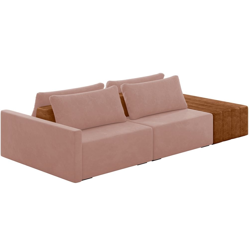 Sofá Ilha Modular Para Sala 252cm com Puff Dublin K01 Veludo Rosê Sintético Caramelo - Lyam Decor