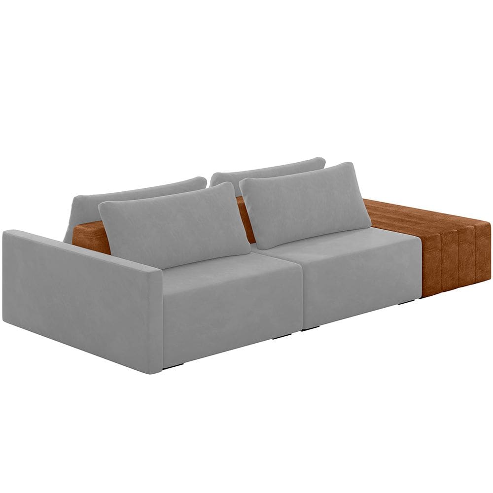 Sofá Ilha Modular Para Sala 252cm com Puff Dublin K01 Veludo Cinza Sintético Caramelo - Lyam Decor