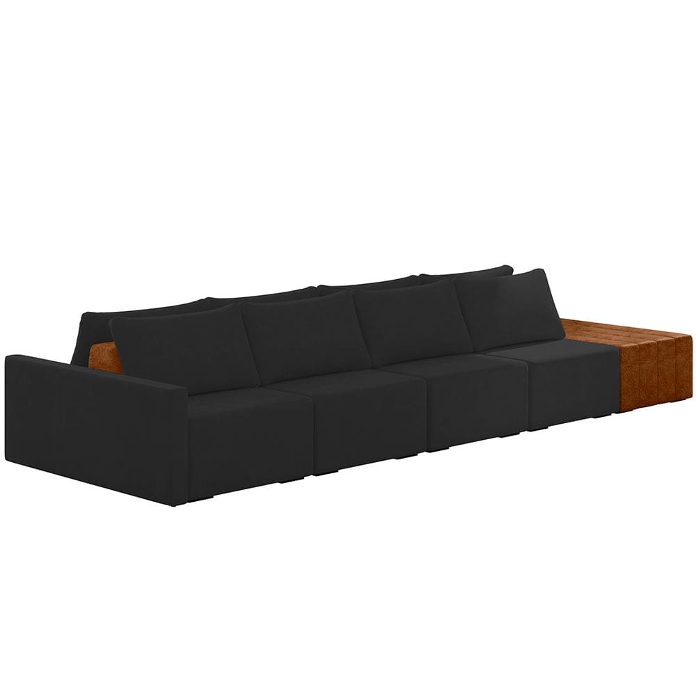 Sofá Ilha Modular Para Sala 392cm com Puff Dublin K01 Veludo Preto Sintético Caramelo - Lyam Decor