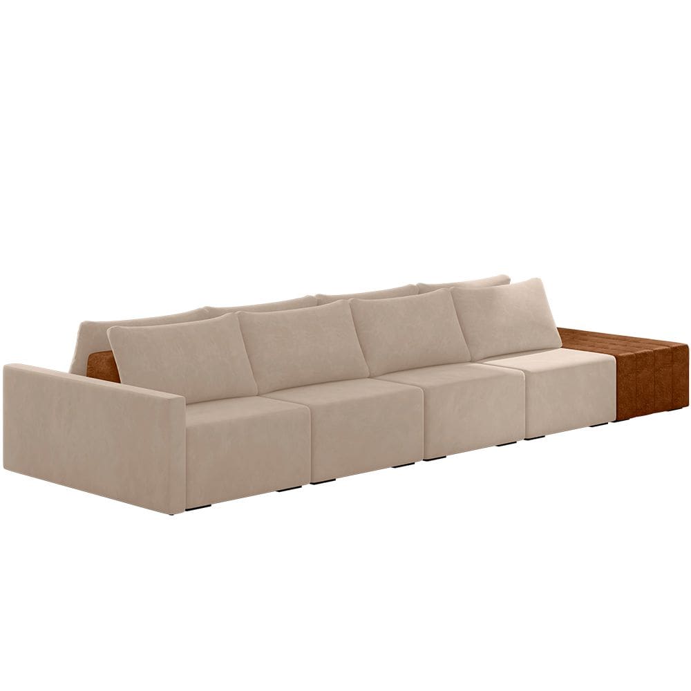 Sofá Ilha Modular Para Sala 432cm com Puff Dublin K01 Veludo Bege Sintético Caramelo - Lyam Decor