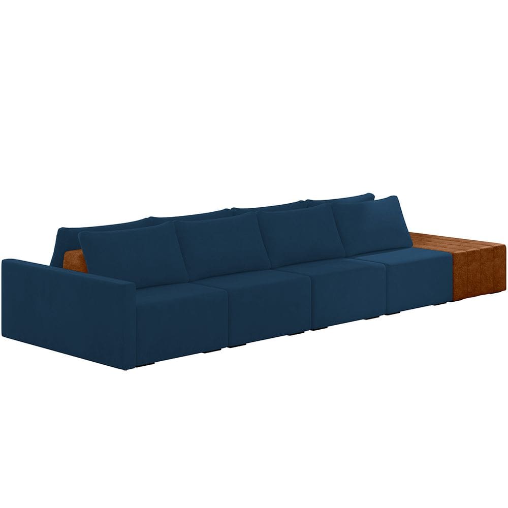 Sofá Ilha Modular Para Sala 432cm com Puff Dublin K01 Veludo Azul Sintético Caramelo - Lyam Decor