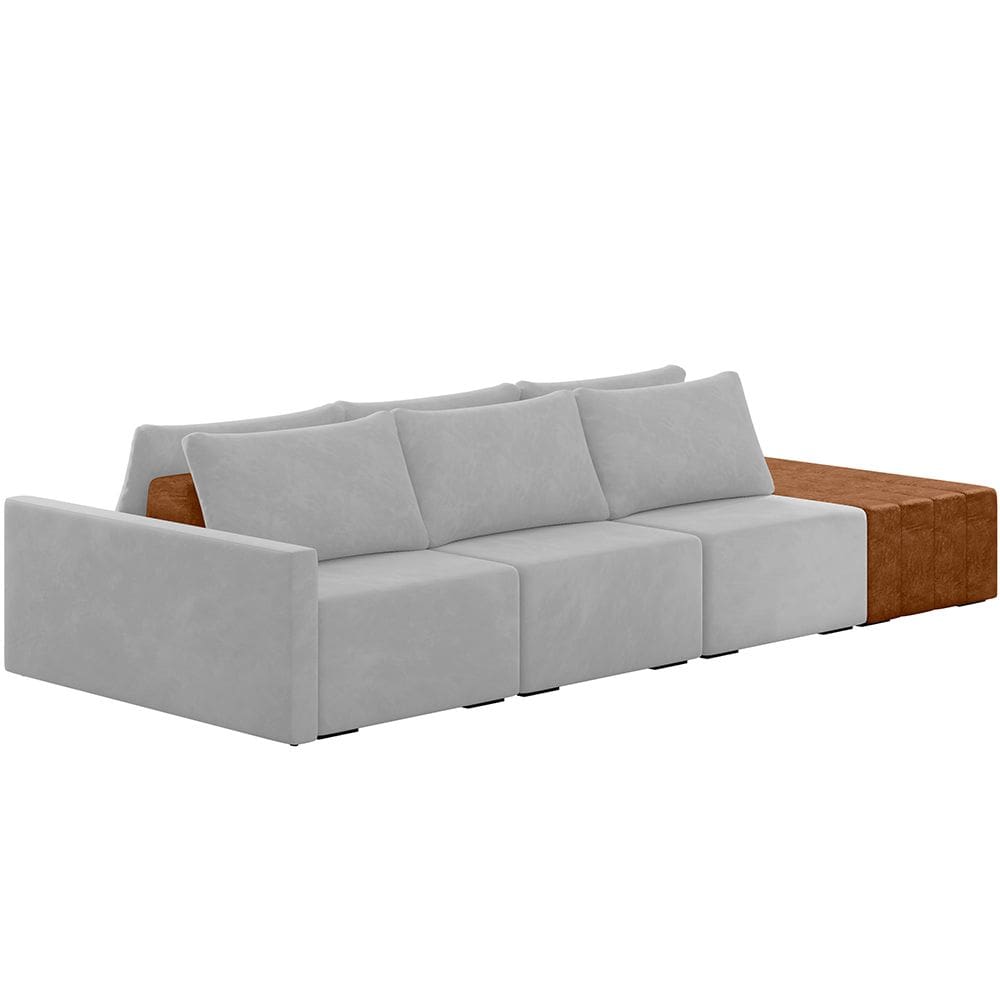 Sofá Ilha Modular Para Sala 312cm com Puff Dublin K01 Veludo Cinza Sintético Caramelo - Lyam Decor