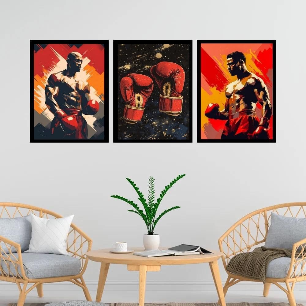 Kit 3 Quadros Decorativos Artes Boxe 45X34Cm - Com Vidro