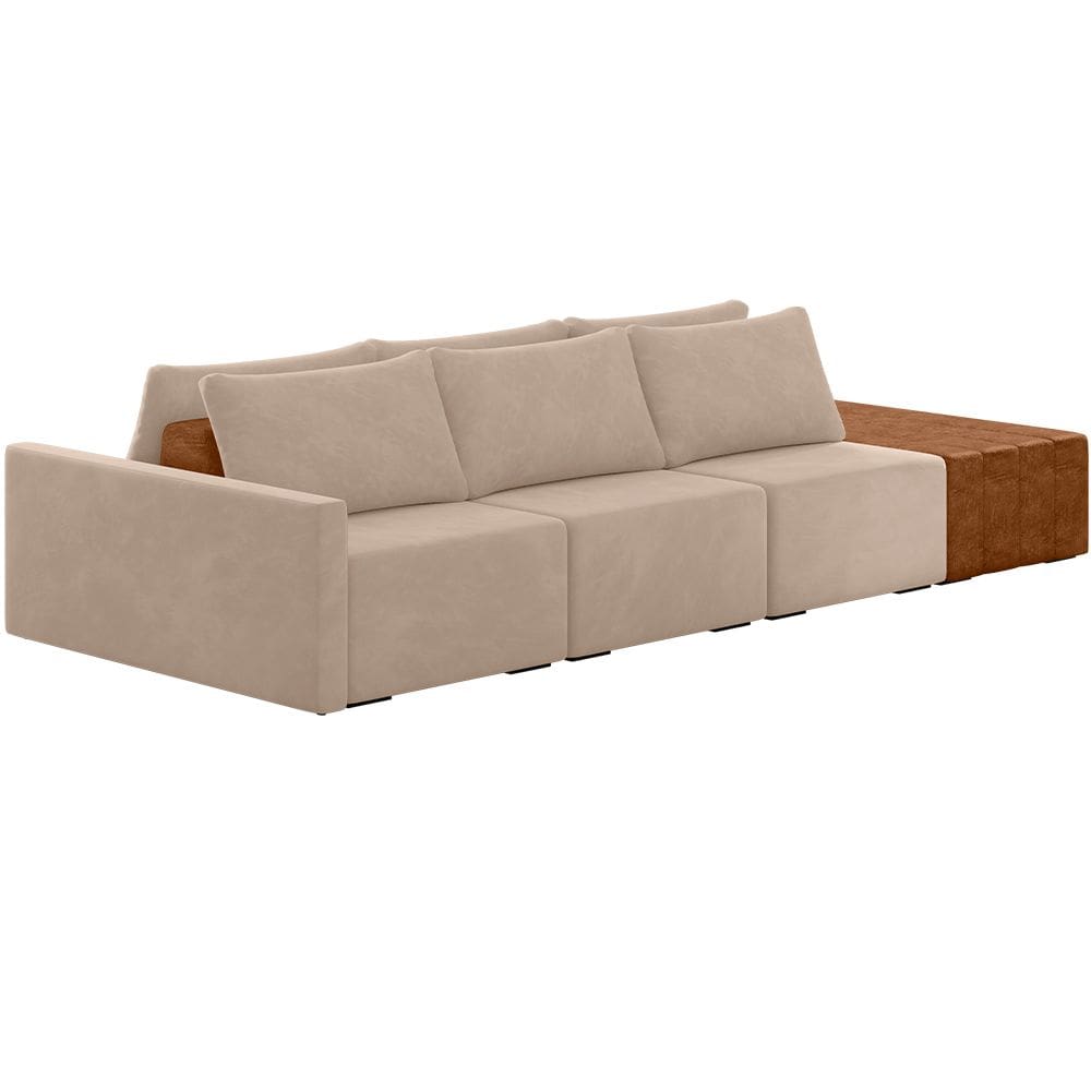 Sofá Ilha Modular Para Sala 342cm com Puff Dublin K01 Veludo Bege Sintético Caramelo - Lyam Decor